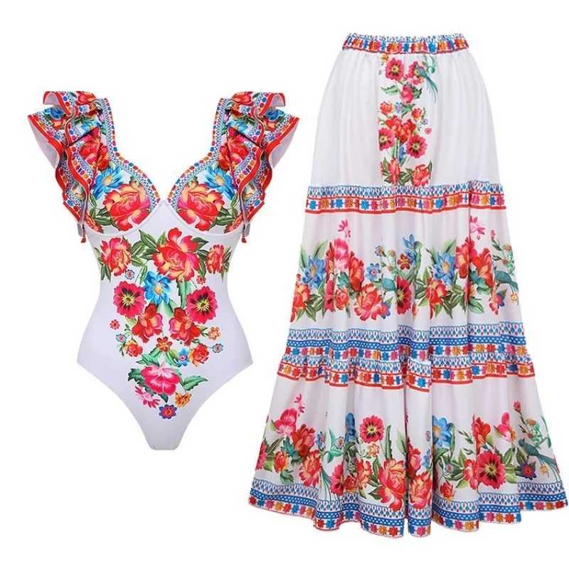 Women's Swimwear Womens printed one-piece swimsuit pleated swimsuit monochrome beach dress elegant swimsuit new 2024 H241130