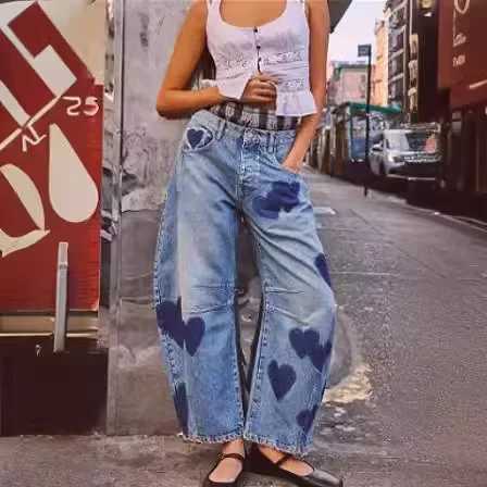 Women's Jeans Womens denim printed pants casual loose denim blue mother heart-shaped mid waist wide leg pants pocket button Y2k splicing 2024 H24