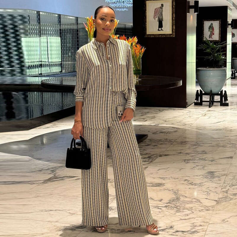 African Clothing Black Fashion Casual Printed Long Sleeved Shirt Wide Leg Pants Two-Piece Set Women's Autumn