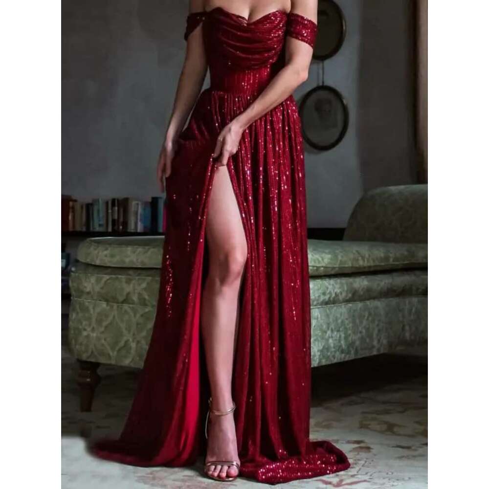 Shoulder Ruched Off Neck Sequin Prom Dresses for Women A Line Formal Evening Gowns with Split prom AMZ MZ