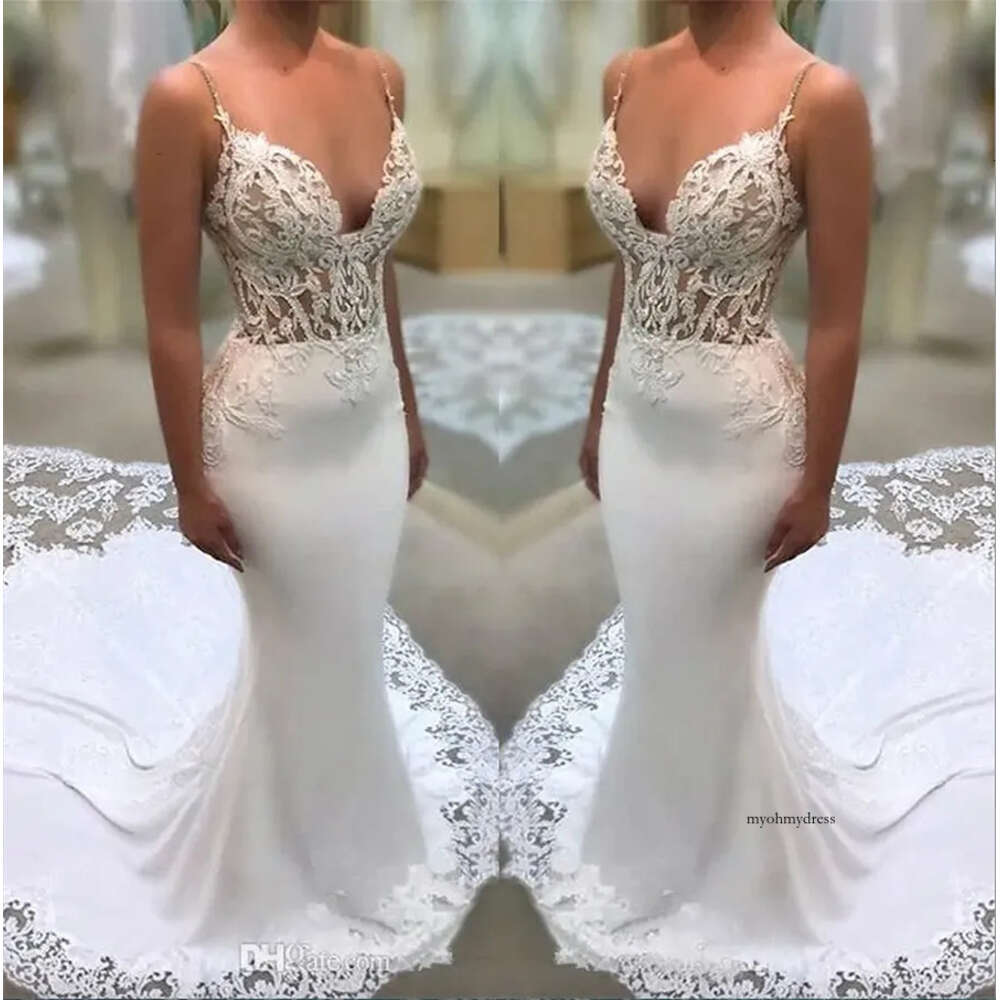 Sexy Spaghetti Straps Lace Mermaid Wedding Dresses Illusion Satin Tulle Applique Court Train Bridal Gowns Robe De Mariee 0431