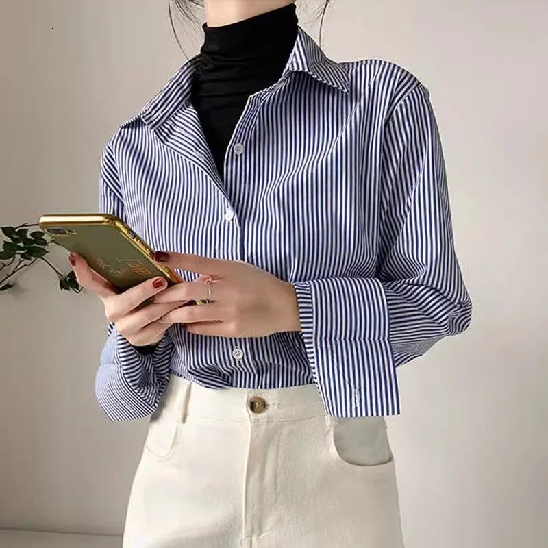 Classic Striped Woman Spring Autumn Blouses Shirt Lady Long Lantern Sleeve Stand Collar Loose Blusas Tops 241121