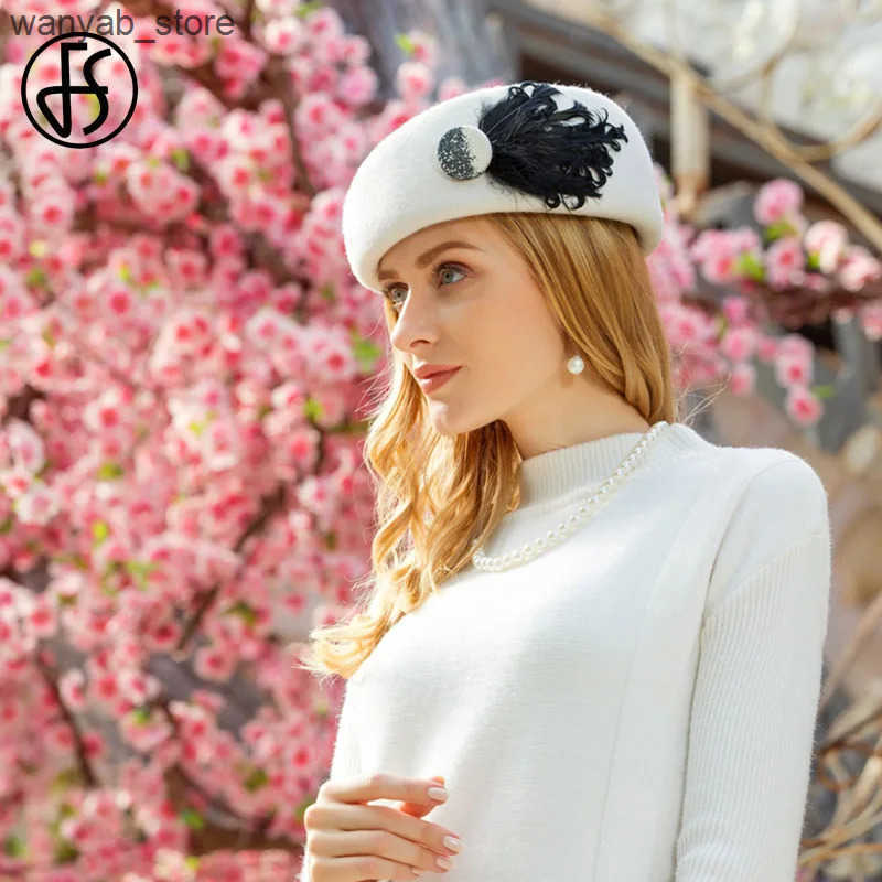 Berets FS French Wool White Black Beret Hats For Women Fashion Winter Felt Caps Feather Berets Femme Stewardess Church Hat Fedoras L240910