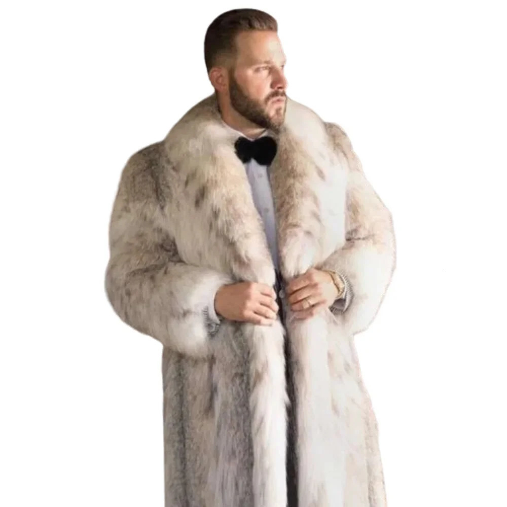 Mens Faux Long Bobcat Leopard Print Comfortable Thick Warm High Quality Fur Coat 241120