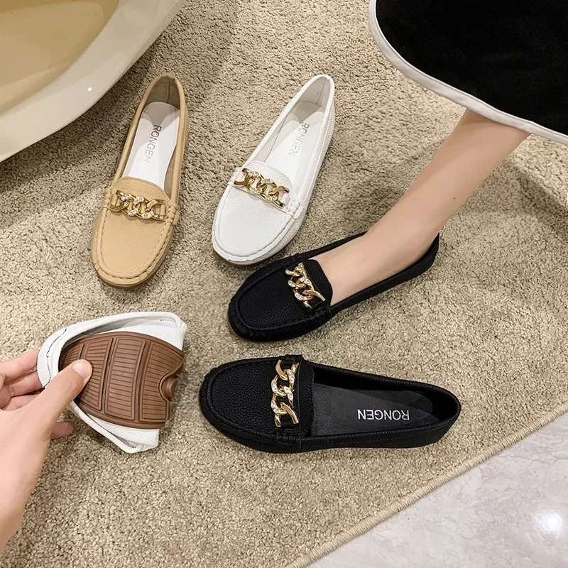 Spring Autumn Bean Shoes Female Women Round Head Low Heel Metal Chain Casual Footwear Mother Lady Loafer 241126