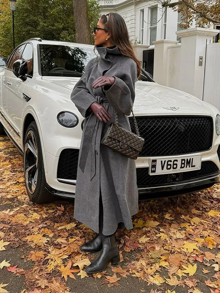 2024 Women Lace Up Woolen Quilted Overcoat Fashion High Collar Single Breasted Full Sleeve Coat Lady Winter Warm Streetwear 241121