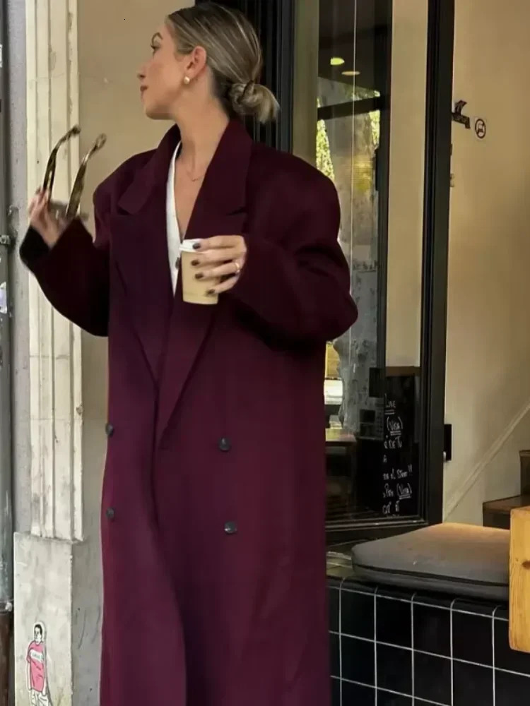 Women Burgundy Red Color Lapel Long Coat Elegant Chic Double Breasted Sleeve Overcoats Autumn Oversize Casual Streetwear 241121
