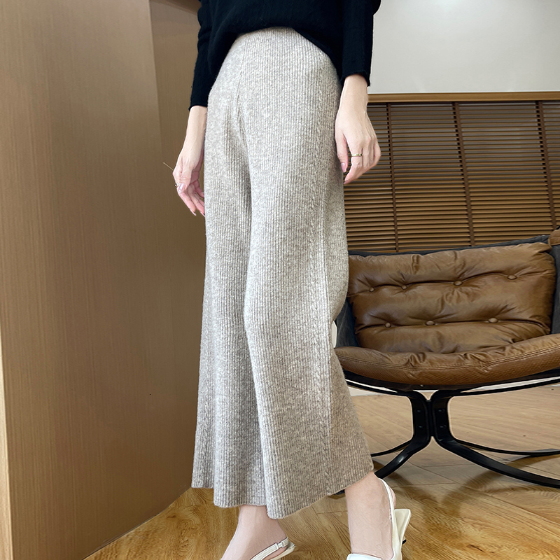Women's Wool Straight Leg For Autumnwinter Fashion Solid Color Elastic Waist Loose Fit 100% Merino Pure Wool Pants