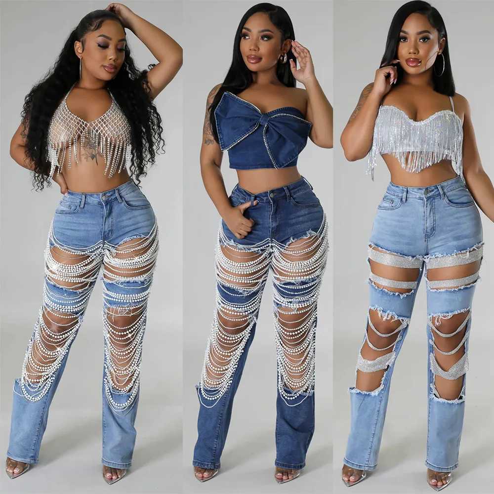 Women's Jeans Womens large hole pearl chain decoration womens denim straight leg pants summer sexy full-length jeans H241130