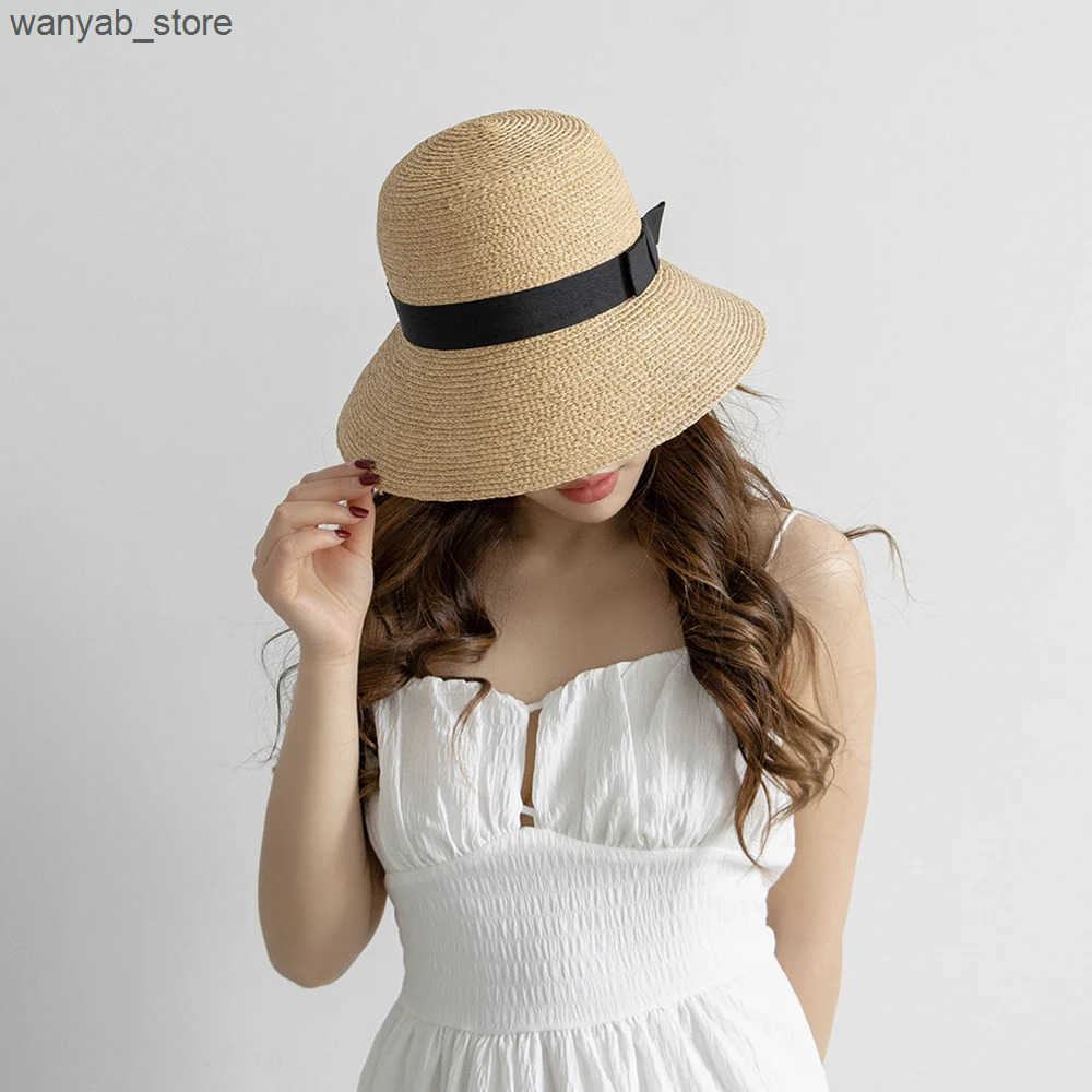 Wide Brim Hats Bucket % Natural raffia straw hand weaved bucket hat women wide brim foldable L240910