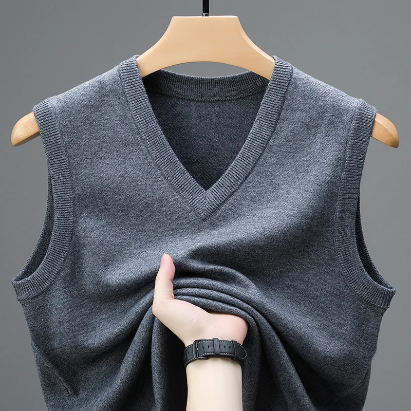 2024 Spring Autumn 6 Wool Sleeveless Cashmere Vest Men Work Sweater Solid Color Knitted Male Waistcoat High Quality Pullover 241129