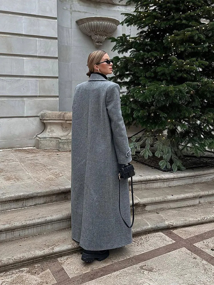Autumn Grey Lapel Single Breasted Womens Long Wool Coat Chic Street Padded Shoulder Sleeve Jacket Female Outerwear 241129