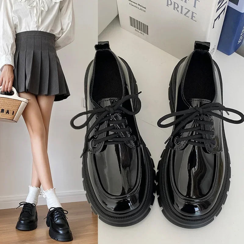 Womens British Style Spring Autumn Arrival Black Thick Bottom Flat Shoes Student Tie Mary Jane Summer Season 241126