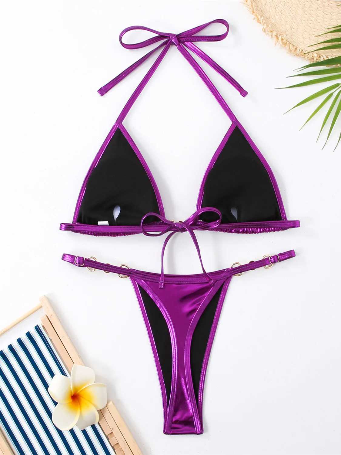 Women's Swimwear Sexy mini bikini swimsuit for women 2024 Brazil Brozing pure red and silver push up pearl thong swimsuit bikini swimsuit set H24