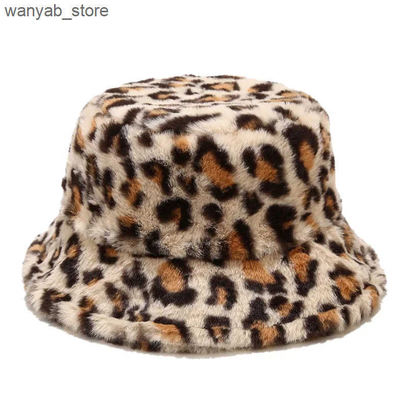 Wide Brim Hats Bucket 2024New Winter Bucket-Hats Fluffy Fur Men Women Panama Hat Fashion Warm Fisherman Cap Letter Rainbow Houndstooth Leopard Printed