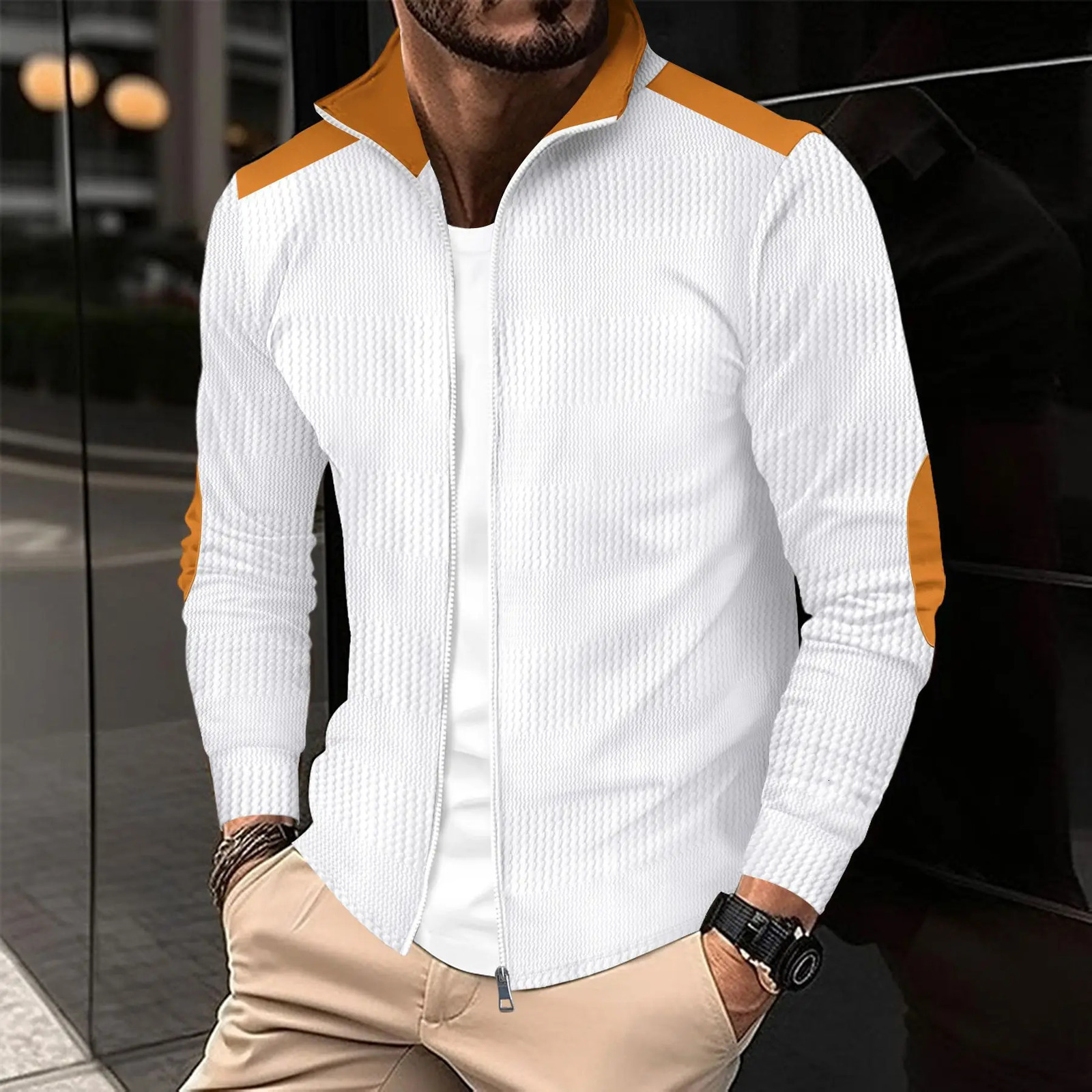 Fall Mens Fashion Punk Casual Striped Long Sleeve Wrist Embroidery Jacquard Lapel Zipper Thickened Top Jacket 241129