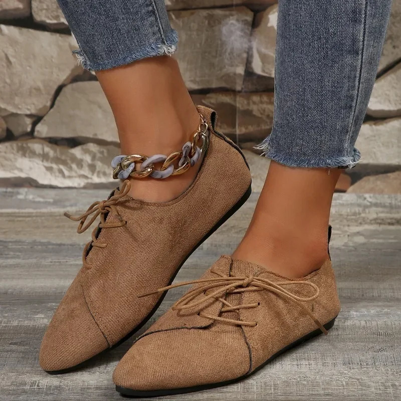 Womens Retro Loafers Pointed Suede Flats Laceup Casual Sneakers Shallow Mouth Comfortable Zapato Plano 241126