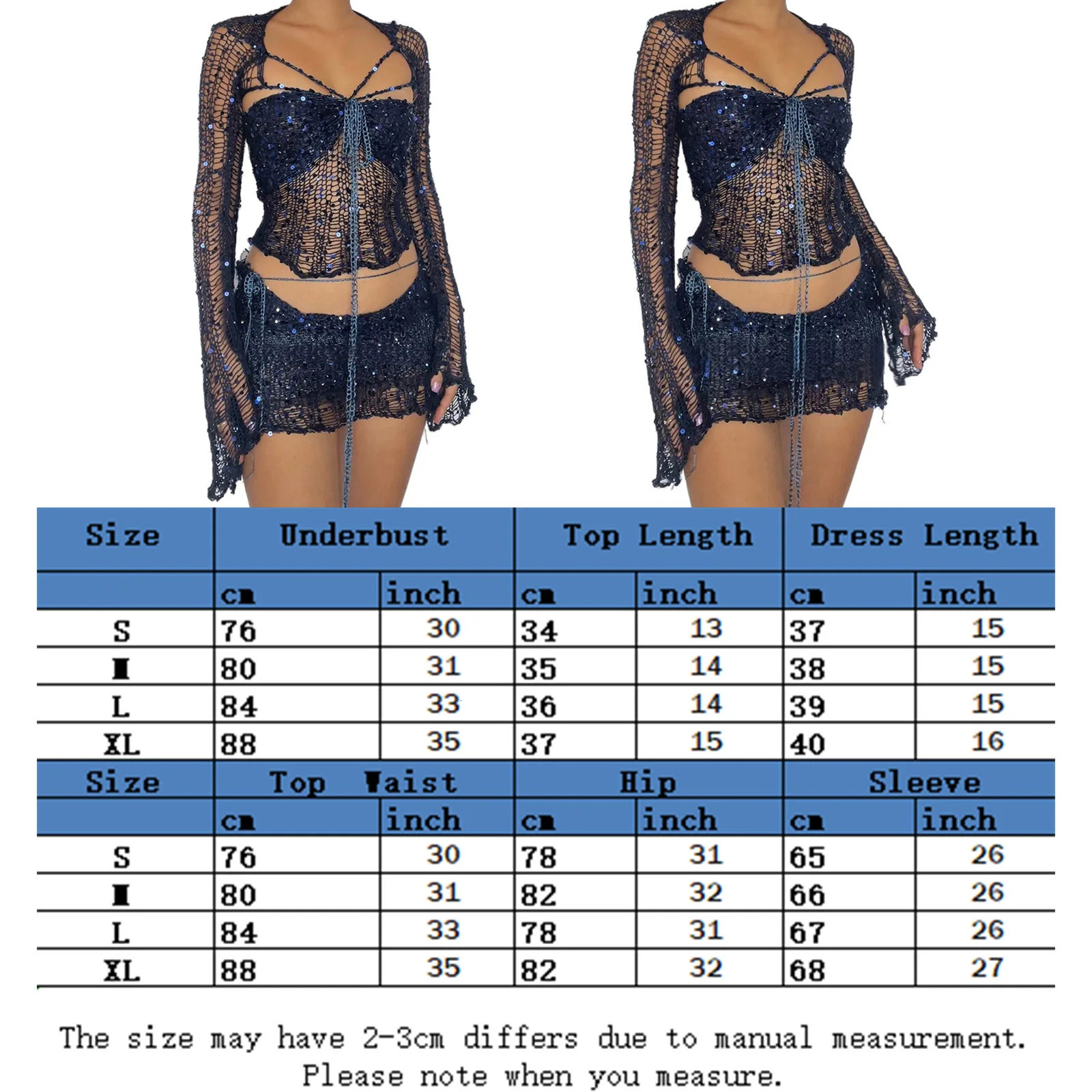 JOCESTYLE Women Summer Knitted Dress Suit Y2k Style Ladies Sequins 3 Piece Skirt Sets Navel Exposed Hollow Out Clubwear Clothing 240423