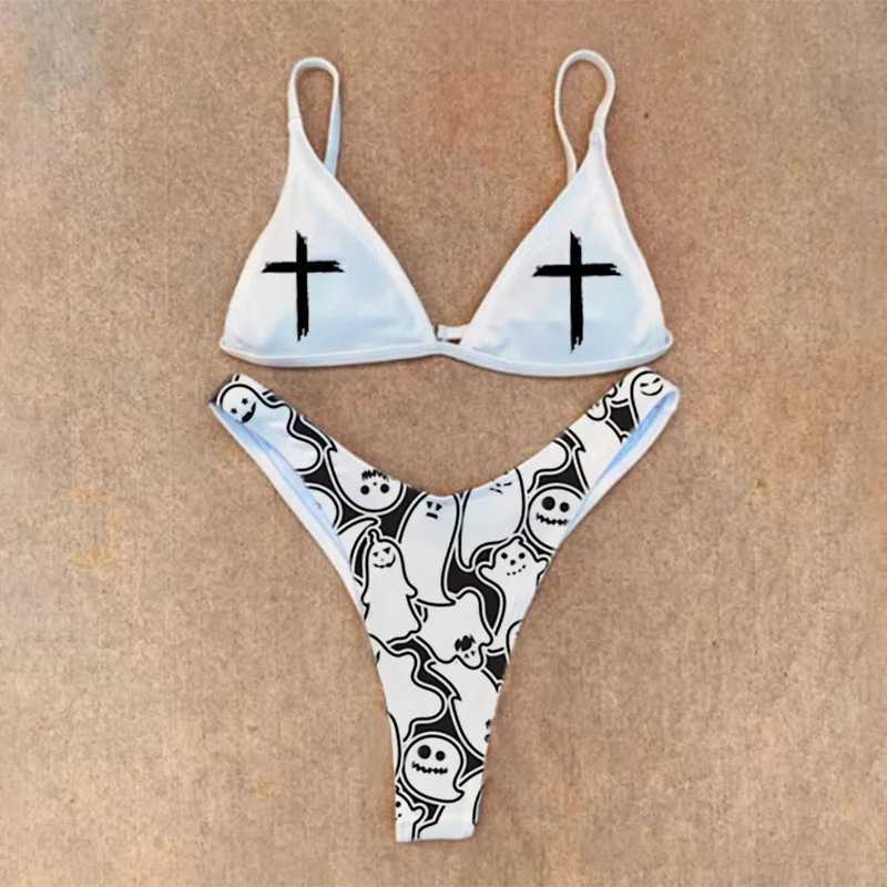 Women's Swimwear New black and white sexy gothic Emo womens two-piece skull print bikini set split swimsuit H241130