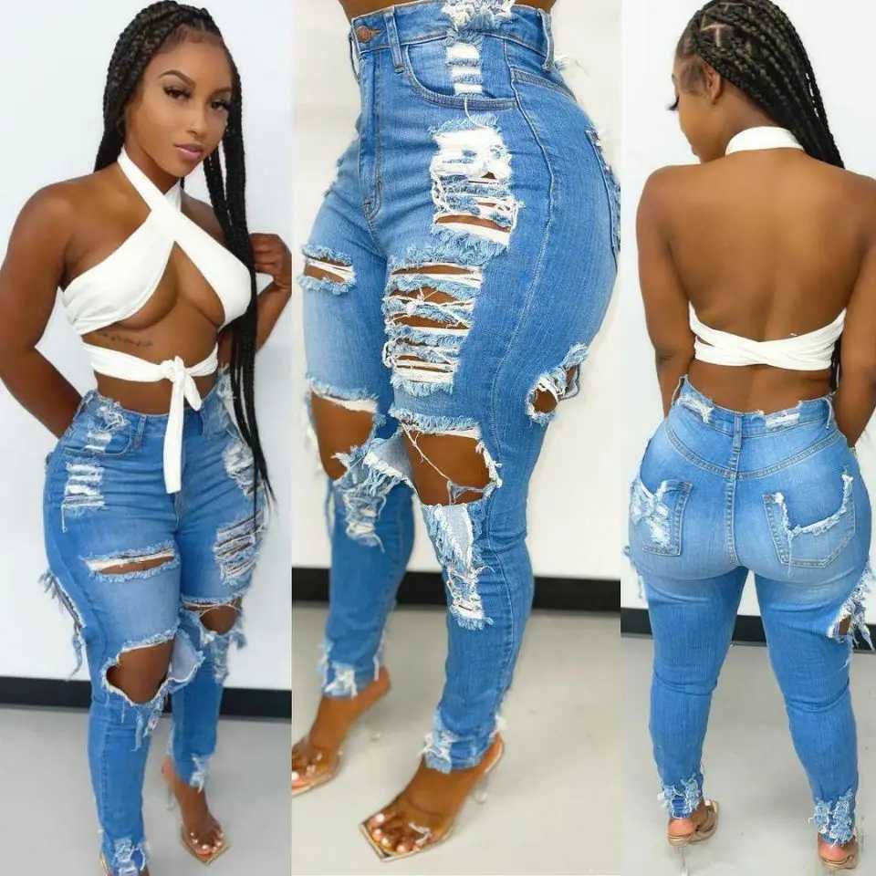 Women's Jeans Womens denim perforated jeans laundry pencil pants high waisted zipper flying slim pocket full-length spring 2024 T-shirt H241130