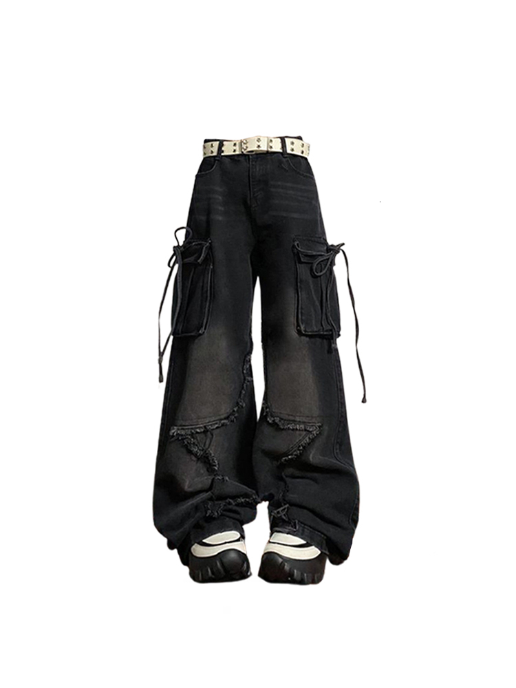 Women's Black Gothic Baggy Cargo Jeans With Star Haruku Y2k 90S Aesthetic Denim Trousers Emo 2000S Jean Pants Vintage Clothes