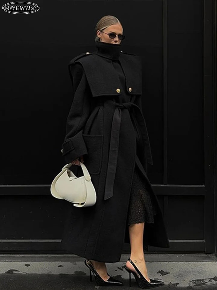 Elegant Black Woolen Blends Long Jackets With Lace Up Women High Waist Warm Coat Winter Female Fashion Street Office Outwear 241129