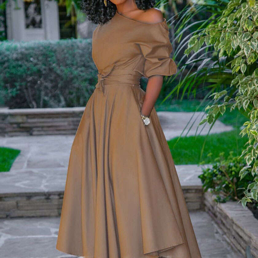 spring summer European and American women's single shoulder lace up waist slimming mid length dress 2024 new casual fashion trend clothing