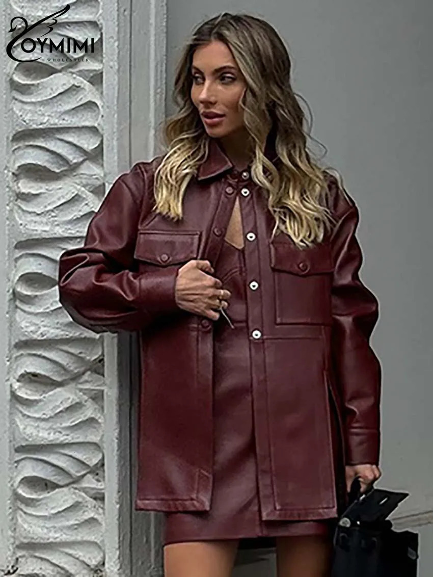 Oymimi Fashion Wine Red Pu Leather Womens Two Pieces Set Elegant Long Sleeve Button Shirts And Spaghetti Strap Mini Dress Sets 241129