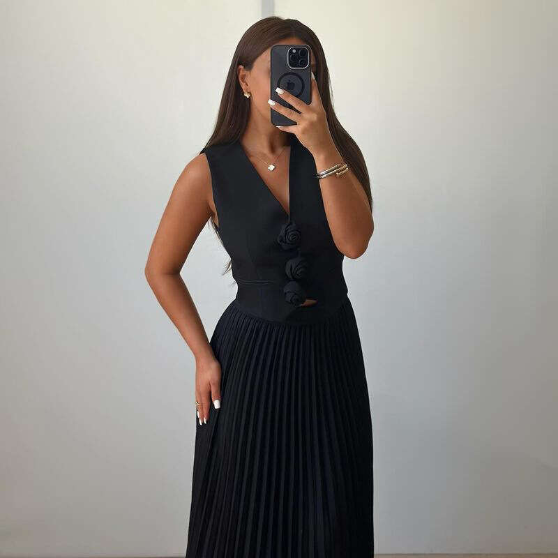 African New Women's Summer Sleeveless Vest Heavy Half Body Pleated Long Skirt Two-Piece Set