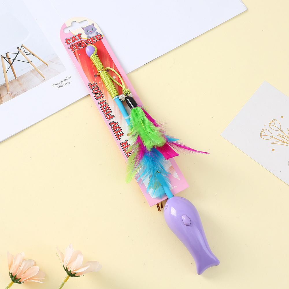 Flexible plastic long pole dolphin handle feather head teaser laser interactive cat toys wholesale