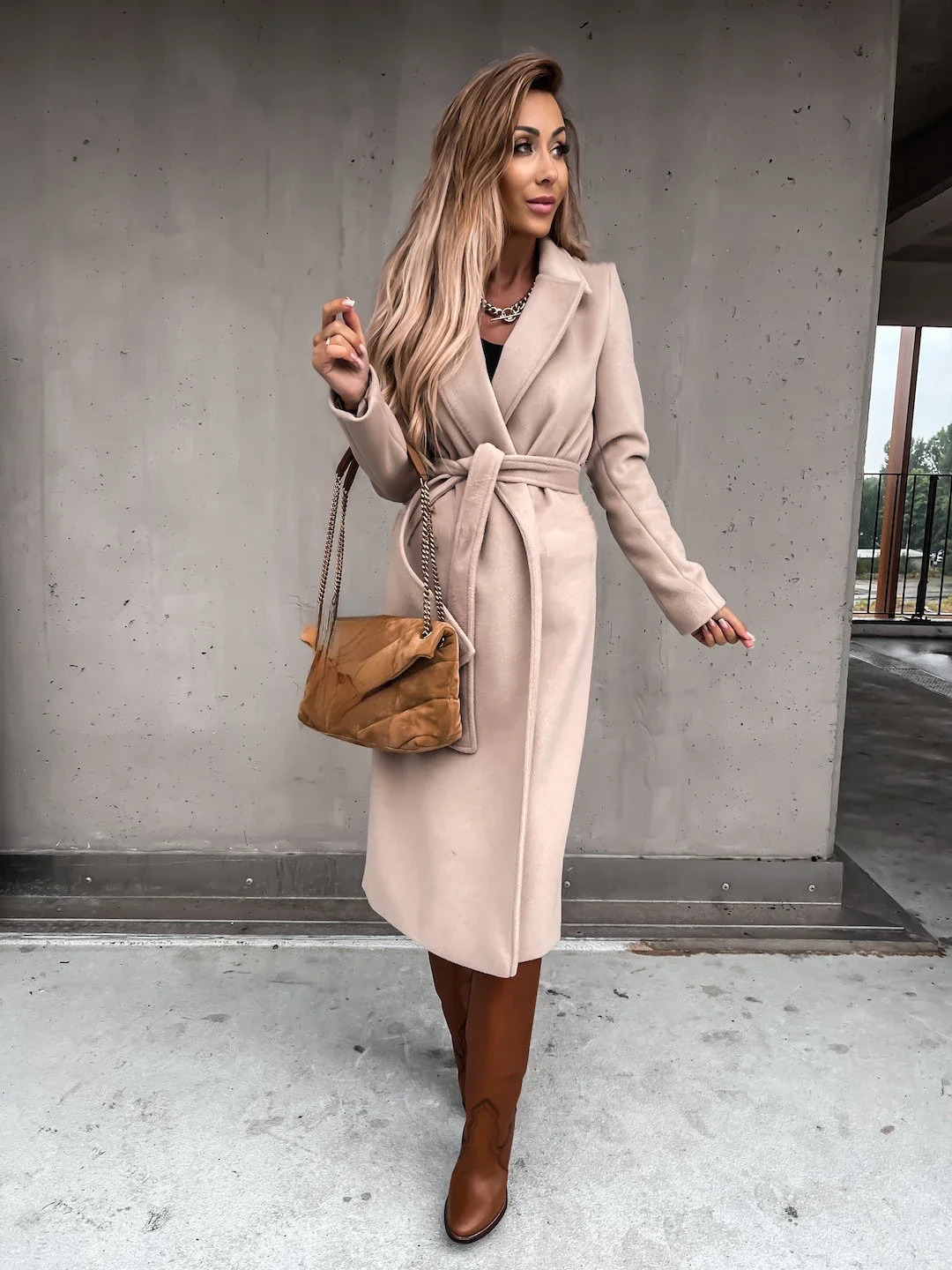 European and American Solid Color Lapel Tie Up Wool Blends Coatwomens Autumn Winter Loose Long Sleeve Stitching Coat 241129