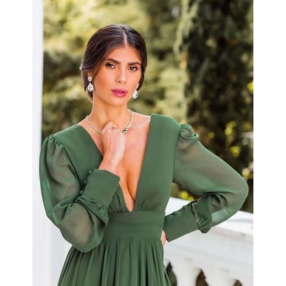 Prom Long Sleeves Deep V Neck Chiffon Formal Dresses for Women Split Evening Party Gwon prom AMZ