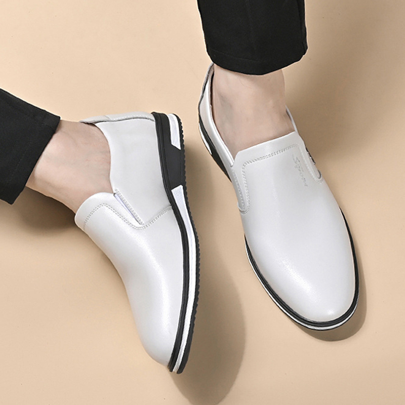 Men's non-slip mens casual leather shoe breathable British soft sole comfortable flat white slip-on men shoes