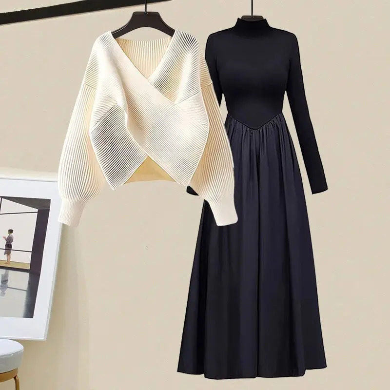 Autumn and Winter Cross Vneck Knitted Sweater Pullover Long Sleeved Dress Twopiece Set Fashionable Womens Skirt 241129
