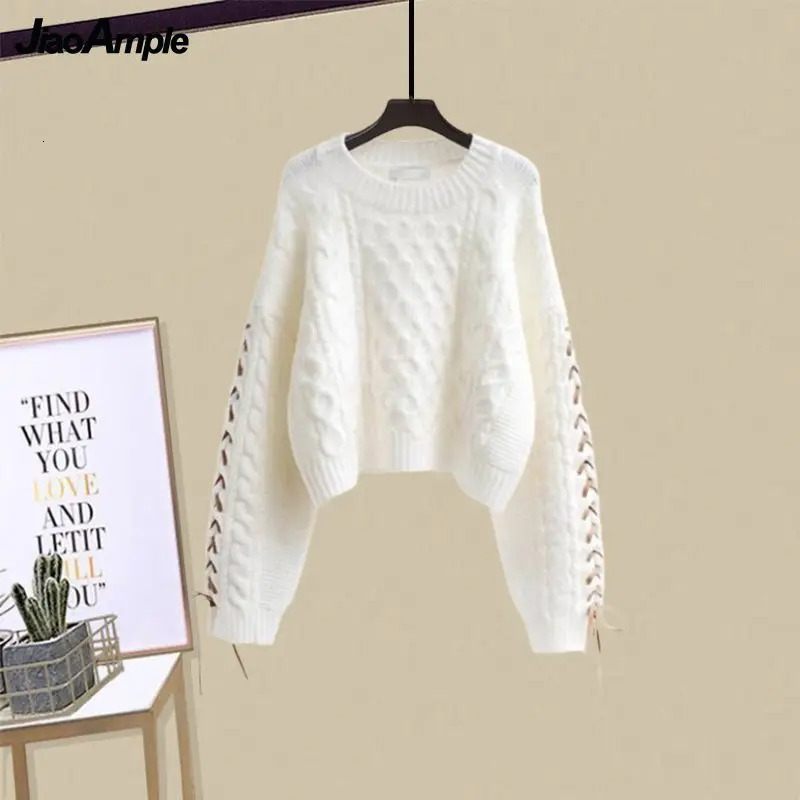 Women AutumnWinter Loose SweaterHigh Waist Midi Skirt 2Piece Suit Korean Chic Long Sleeve Knit Hoodie Dress Matching Set 241129