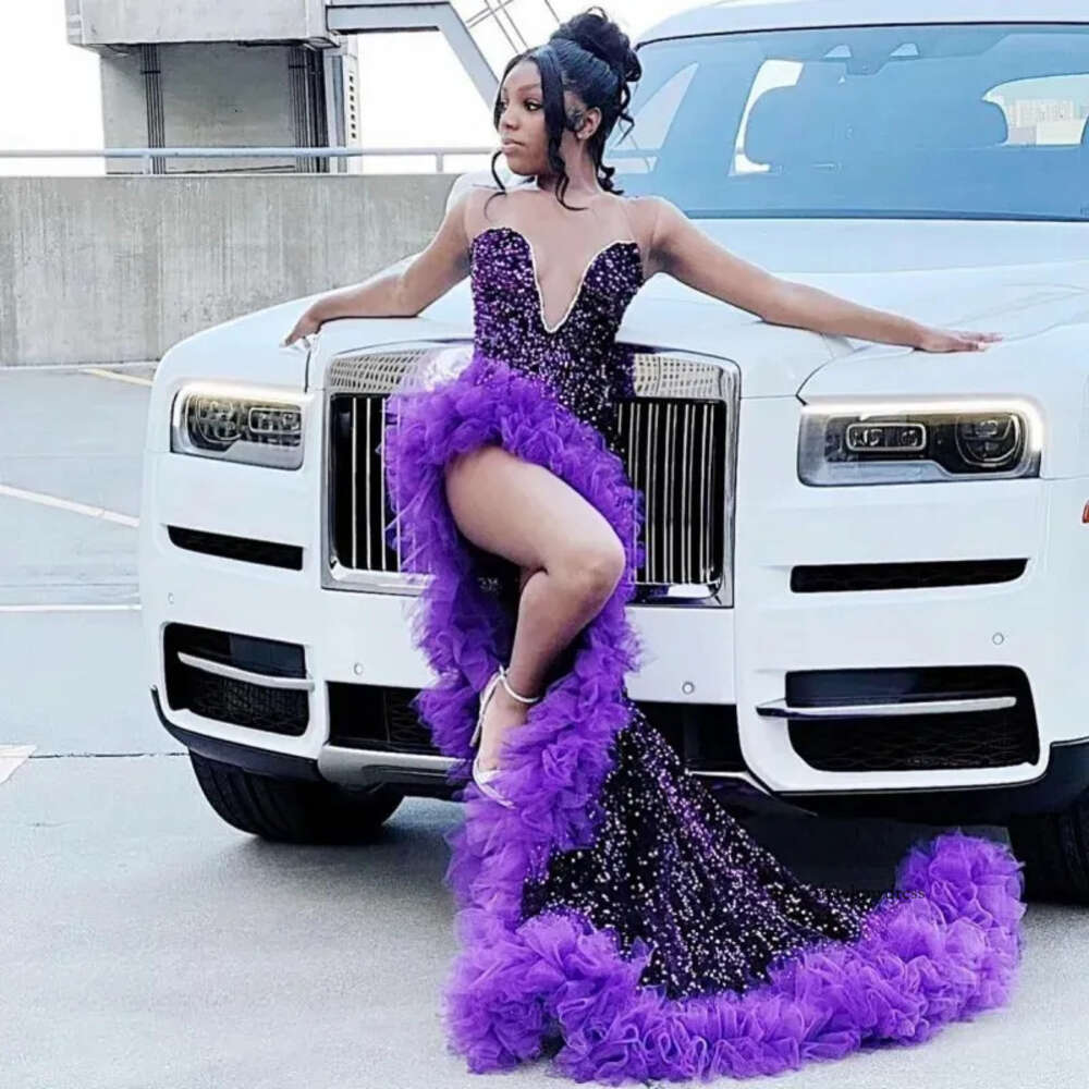 Elegant Purple Prom Dresses For Black Girls 2024 Sequin Mermaid Party Gown Ruffles Evening Dress African Women Vestidos De Festa 0431
