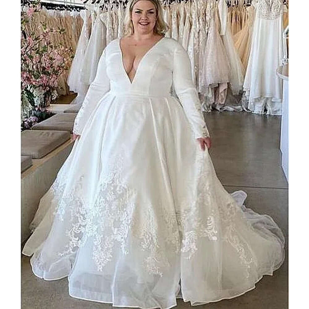Size Dresses Bridal Wedding Plus Gown Lace Applique A Line Plunging V Neck Long Sleeves Custom Made Beach Garden Vestido De Novia Estido Estido