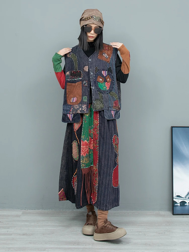 Hand Embroidered Double Layer Old Cloth Vest Skirt Two Piece Set Women Autumn Matching Dress LX2574 241129