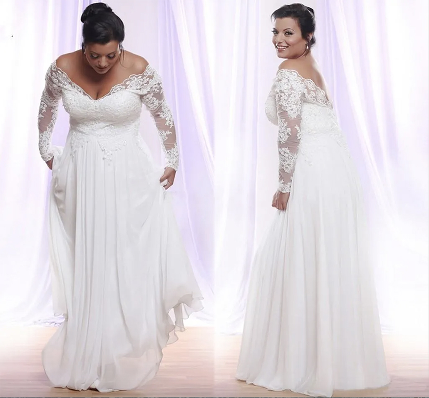 Long Sleeves Plus Size Wedding Dresses With Deep V-neck Applique Beach country Wedding Gowns Off The Shoulder Bridal Gowns Vestido De Novia Gown A1029