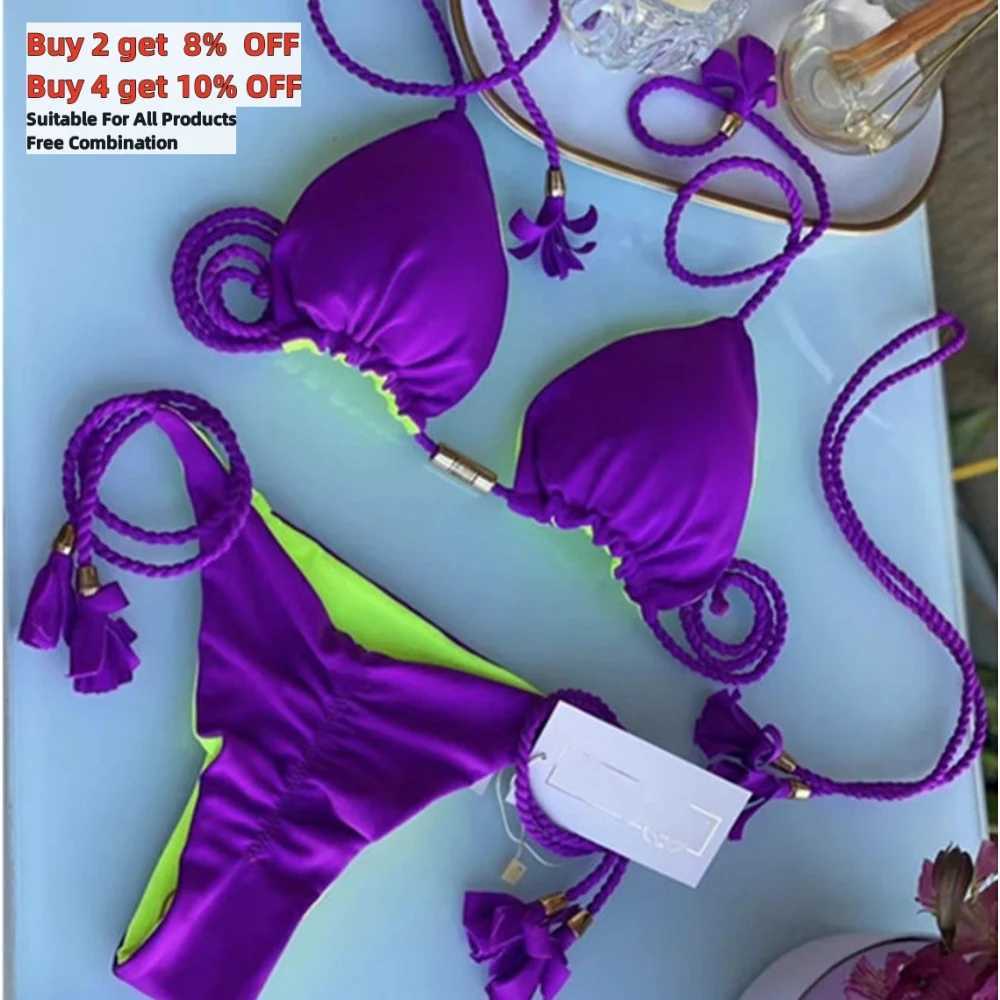Women's Swimwear Wholesal Bikini Set 14 Solid Colors) S-XL Hand Braided Rope Swimsuit Two Piece Swimwear Lanyard Bathing Suit Beachwear H241130
