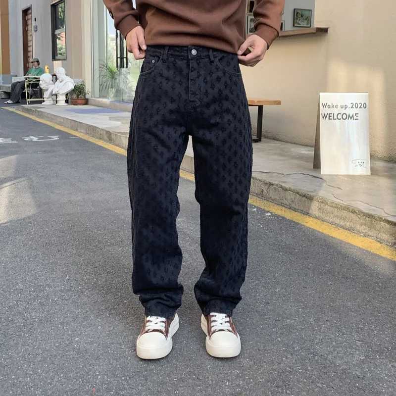 Women's Jeans Jacquard pattern straight leg loose denim pants mens Fit Trousers Distressed Holes new retro mens pocket jeans H241130