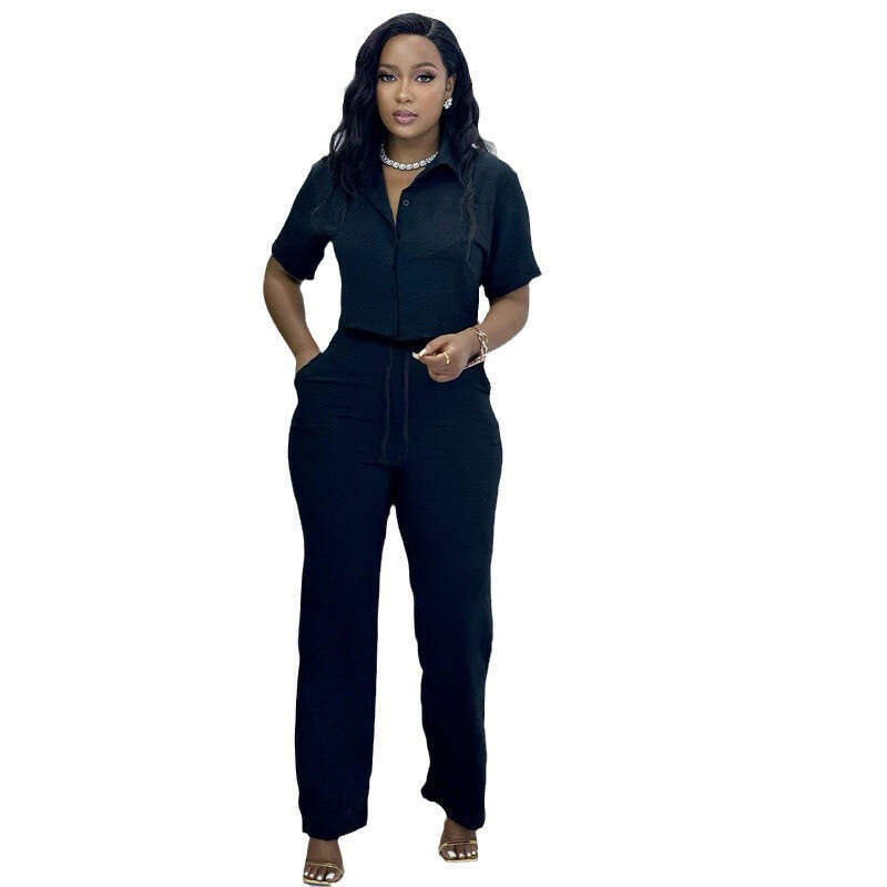 African Suit Summer Solid Color Casual Plus Size Foreign Trade Short Sleeved Shirt Long Pants Women's European And American Two-Piece Set