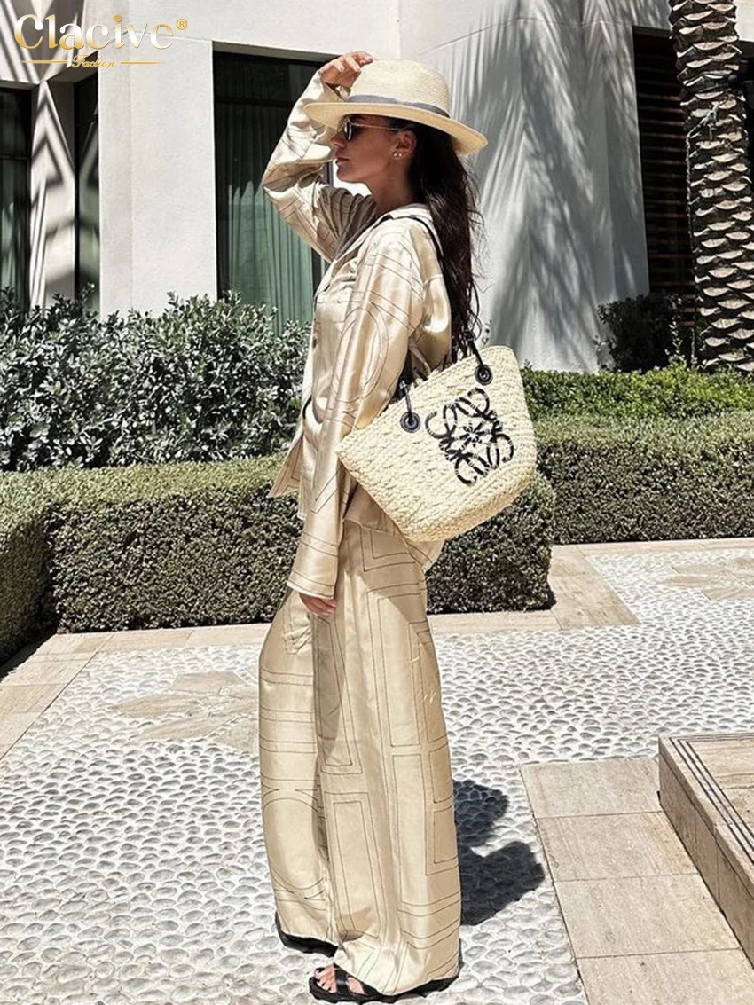 Clacive Fashion Long Sleeve Blouse 2 Piece Set Outfit Elegant Loose Print Pants Casual High Waist Wide Trousers Suits 241129