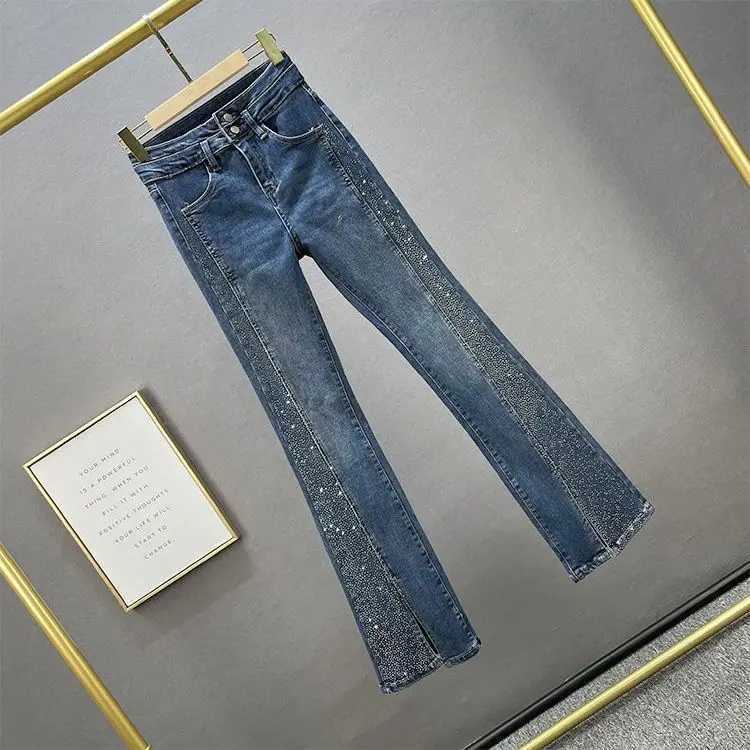 Women's Jeans Womens Fashion Jeans 2024 New High Waist Ultra Thin Fitness Weight Loss European Product Rhinestone Split Boots Trouser H241130