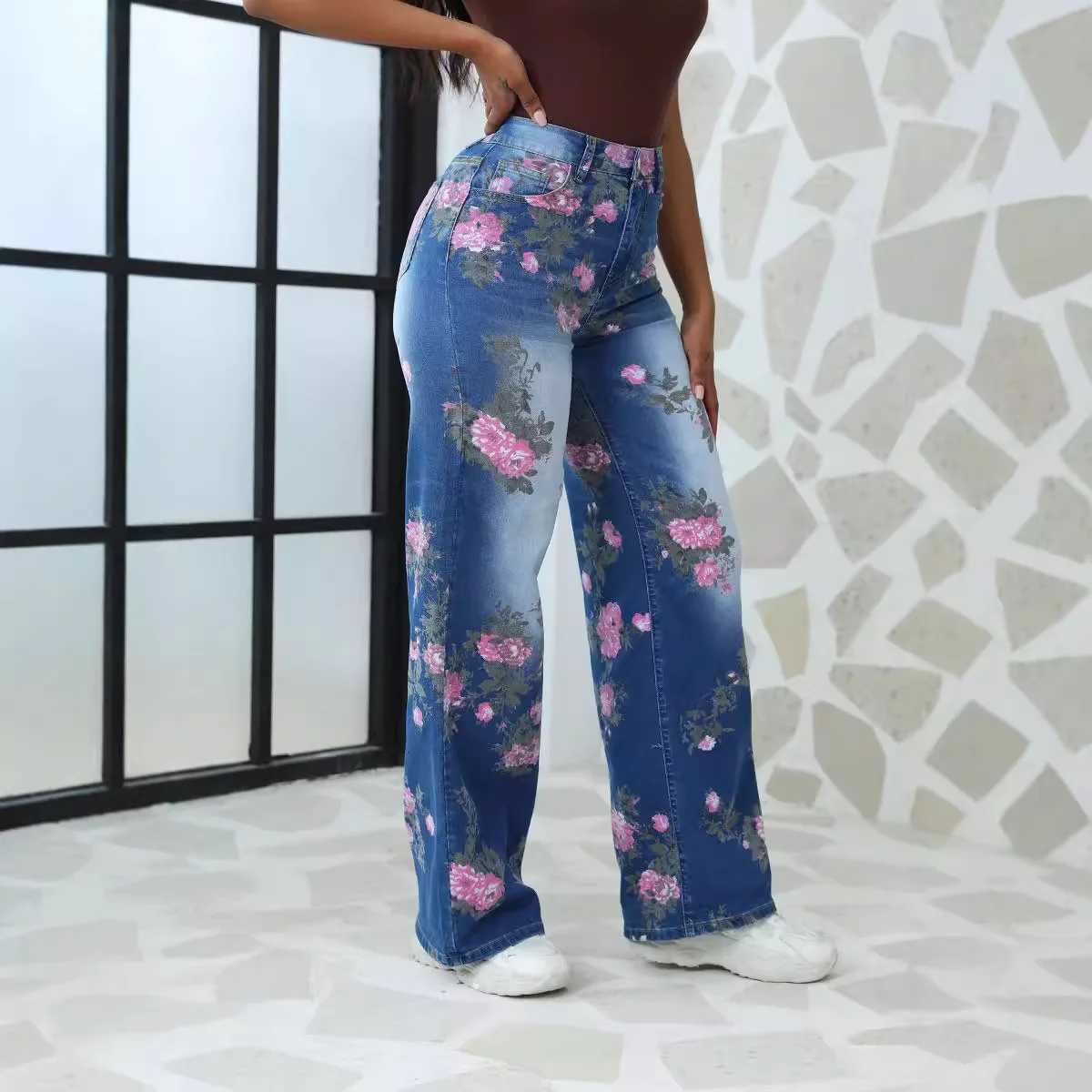Women's Jeans Floral print womens loose jeans suitable for high rise denim robot womens loose pants autumn H241130