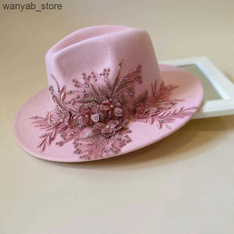 Wide Brim Hats Bucket Hats Embroidered three-dimensional flower fedora hat Womens jazz top hat Spring and autumn panama church fashion elegant wedding
