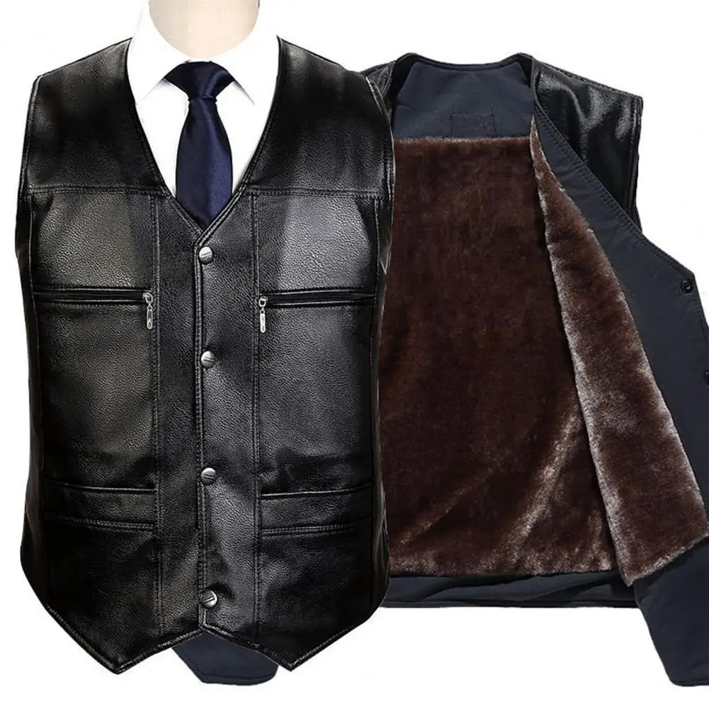 Men Fall Winter Vest Faux Leather Thick Plush Sleeveless Coat Warm Windproof Midaged Father Waistcoat 241129