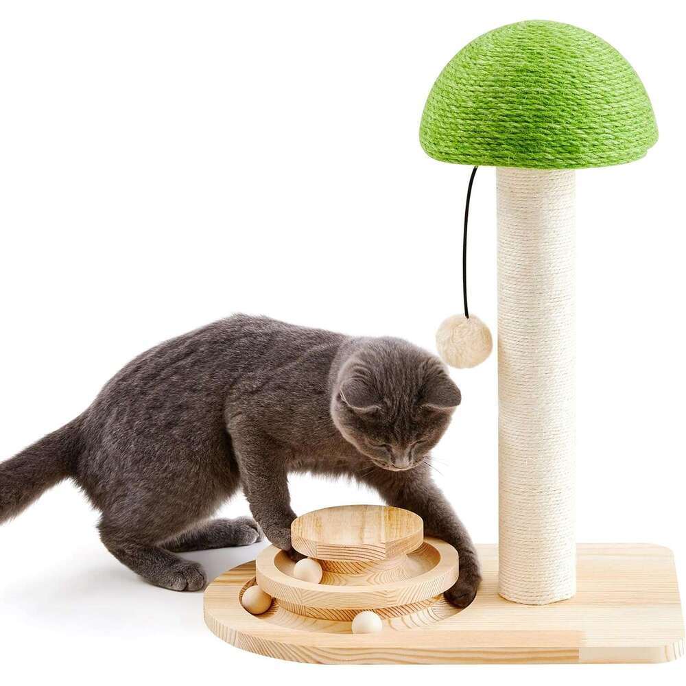 Made4Pets Cat Scratchig Post, Mushroom Cat Scratcher Sisal Ropes, Iteractive Track for Small Kittes, 2-In-1 Wood Scratch Toy with Dagg Plush Ball 20 i