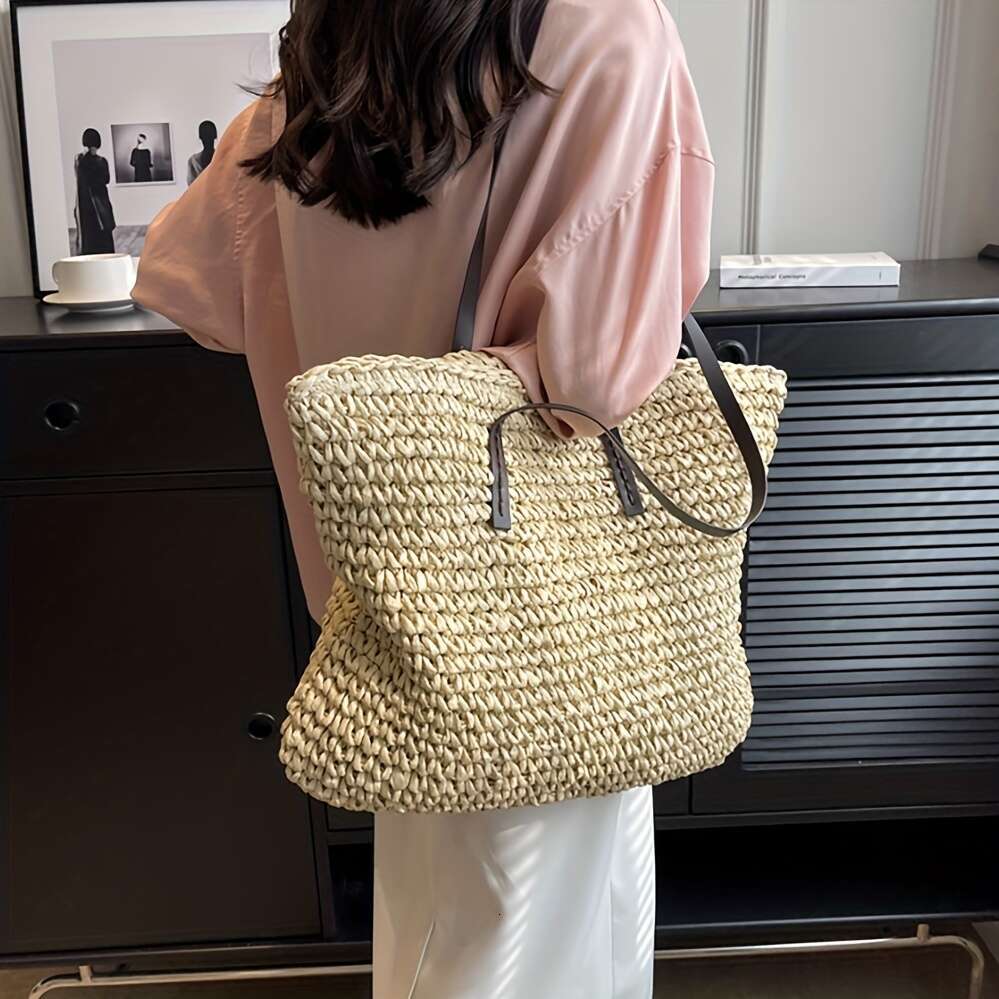 Grass woven large capacity handbag, lightweight shopping zipper shoulder bag, exquisite summer beach handbag