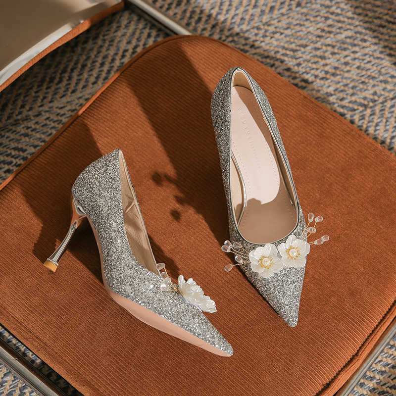 Fashion Glitter New Womens High Heels Thin Heels Pointed Wedding Shoes Classic Shoe Flower Versatile Single Shoes